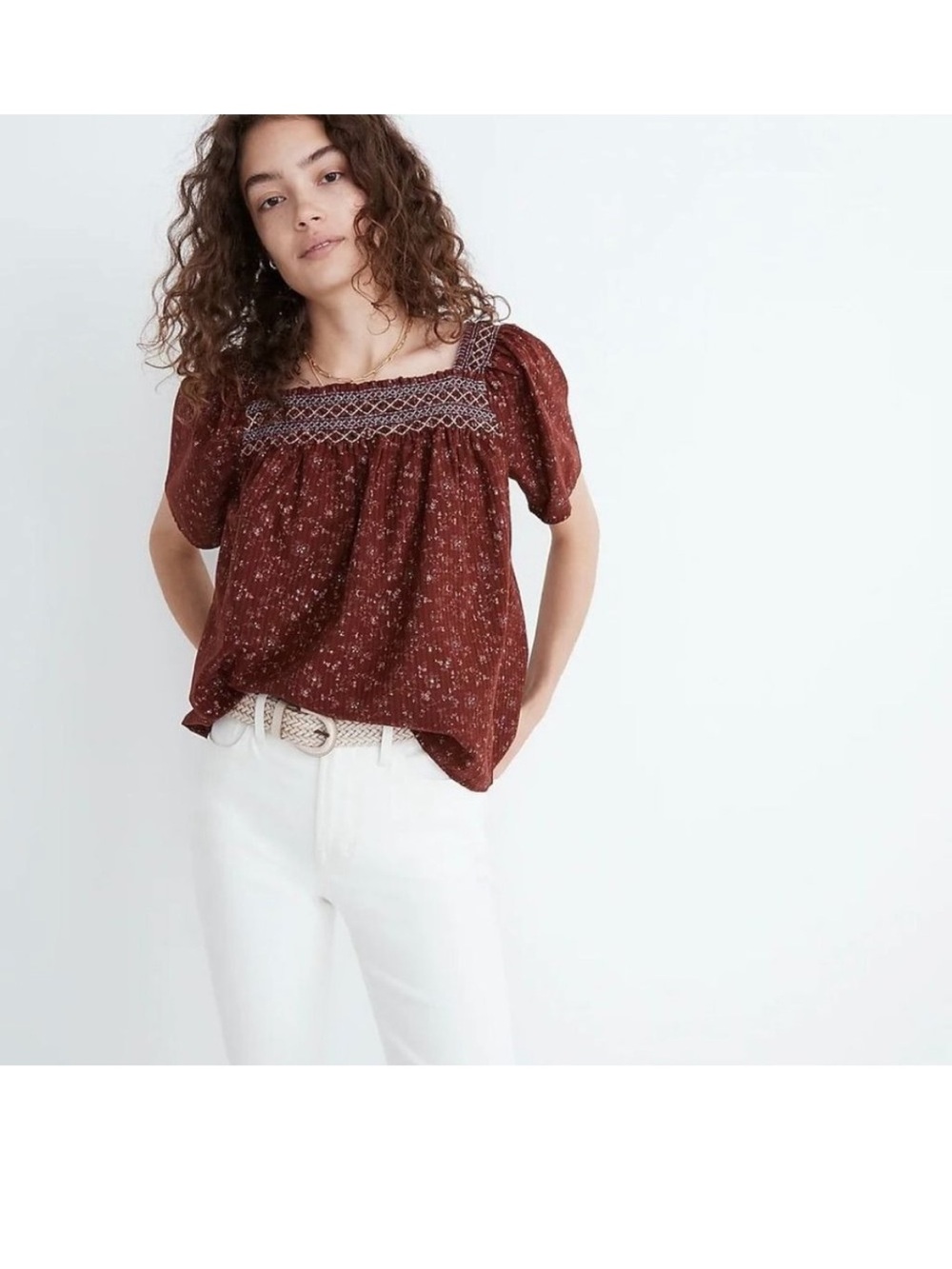 Madewell Square Neck Smocked Top in Dotted Vines, S